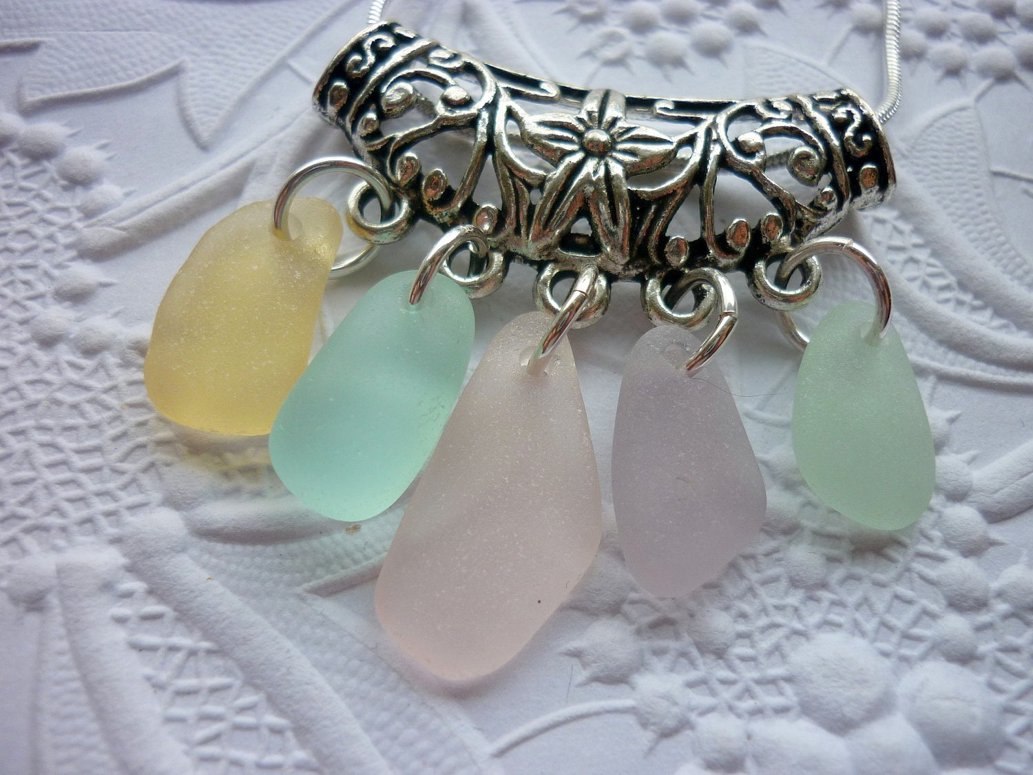 Sea Glass Necklace Aqua - Floral Filigree Seaglass Setting