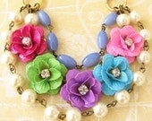 Flower Necklace Colorful Jewelry Bib Statement Necklace Rose Jewelry Triple Strand Necklace