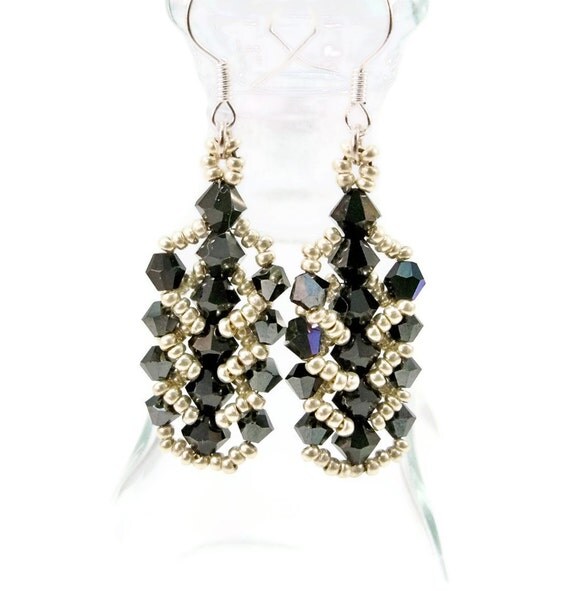 Womens Beaded Earrings Silver and Black Bead Weaving