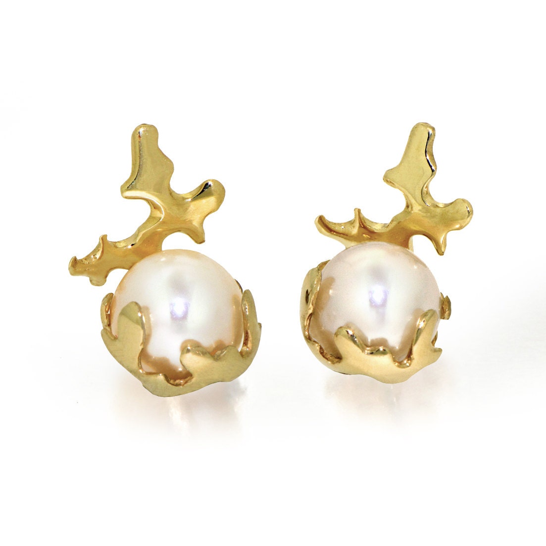 CORAL 14K Gold Pearl Stud Earrings, Gold Pearl earrings, unique gold earrings, Italian Fine Jewelry