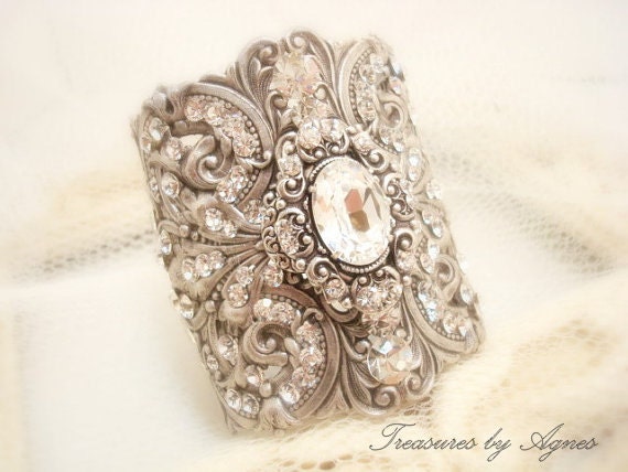 Bridal cuff bracelet, wedding bracelet, wedding jewelry, antique silver, vintage style bracelet, Swarovski crystals, Dramatic, wide bracelet