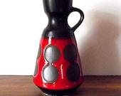 Vintage West German Dumler and Breiden Pottery Vase, Red, Black, Geometric Dots