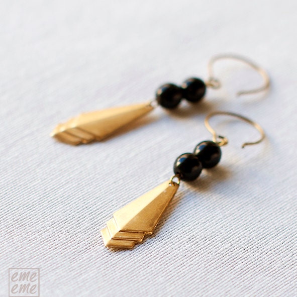 Art Deco Earrings -  Vintage raw brass triangles and black glass beads - Art Deco Jewelry -  Chandelier - drop earrings - dangle earrings
