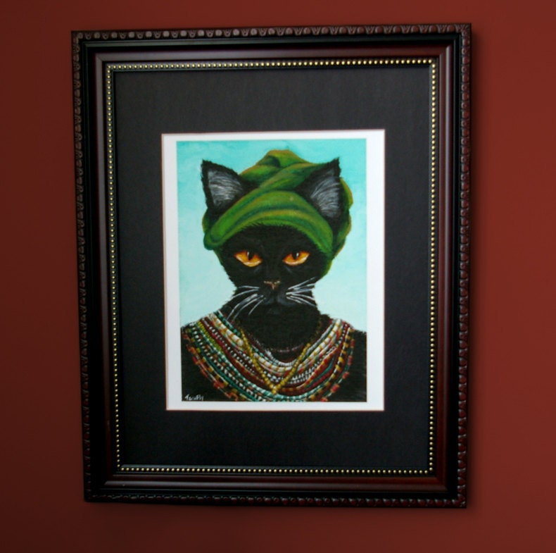 Black Cat Art, Cat in Native African Tribal Beaded Jewelry and Turban 8x10 Art Print