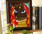 Siamese Cat Art, Cat Wearing Indian Sari Veil Bindi Gold Jewelry 8x10 Fine Art Print