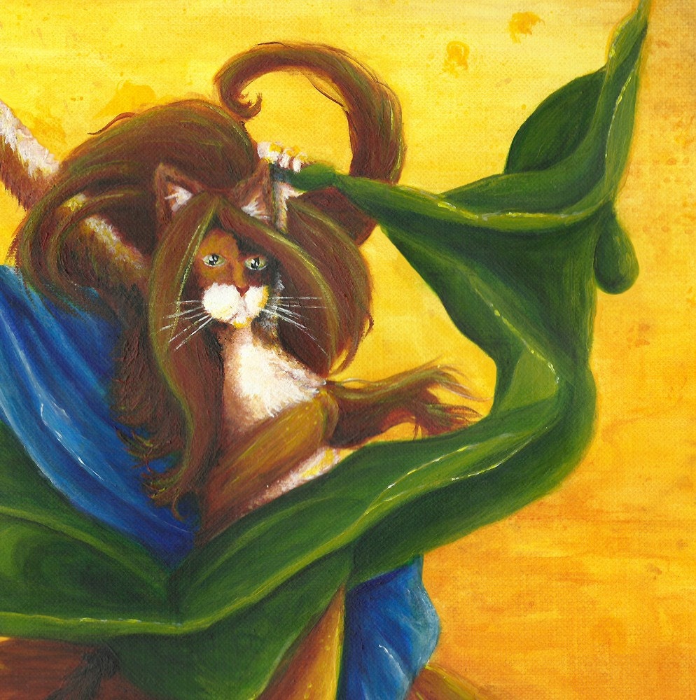 Bellydancing Cat Art, Calico Cat Gypsy Dancer in Gold Blue Green Dress 11x14 Fine Art Print