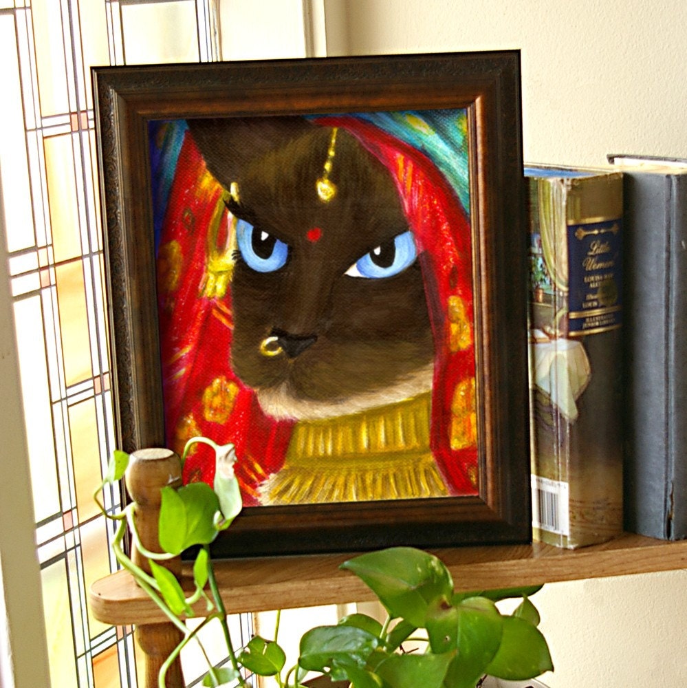 Siamese Cat Art, Cat Wearing Indian Sari Veil Bindi Gold Jewelry 8x10 Fine Art Print