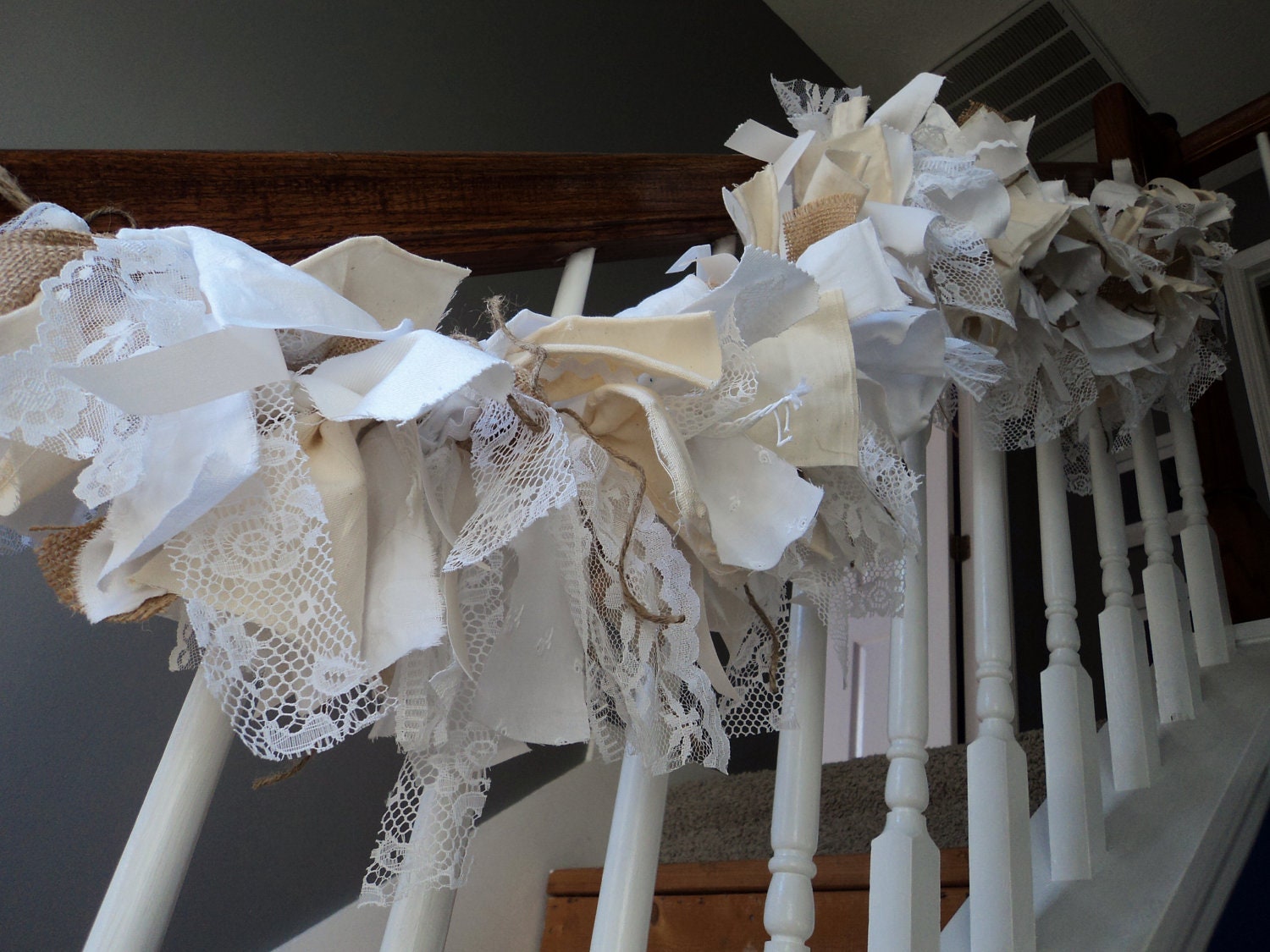 Rustic Elegant Lace Eyelet Burlap Rag Garland. Wedding. Christmas. Decoration.