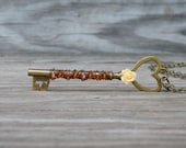Sale 40% Off - Large Key Necklace,Rose, Swarovski Crystals, Wire Wrapped , Burnt Orange, Hearts, Handmade Necklace