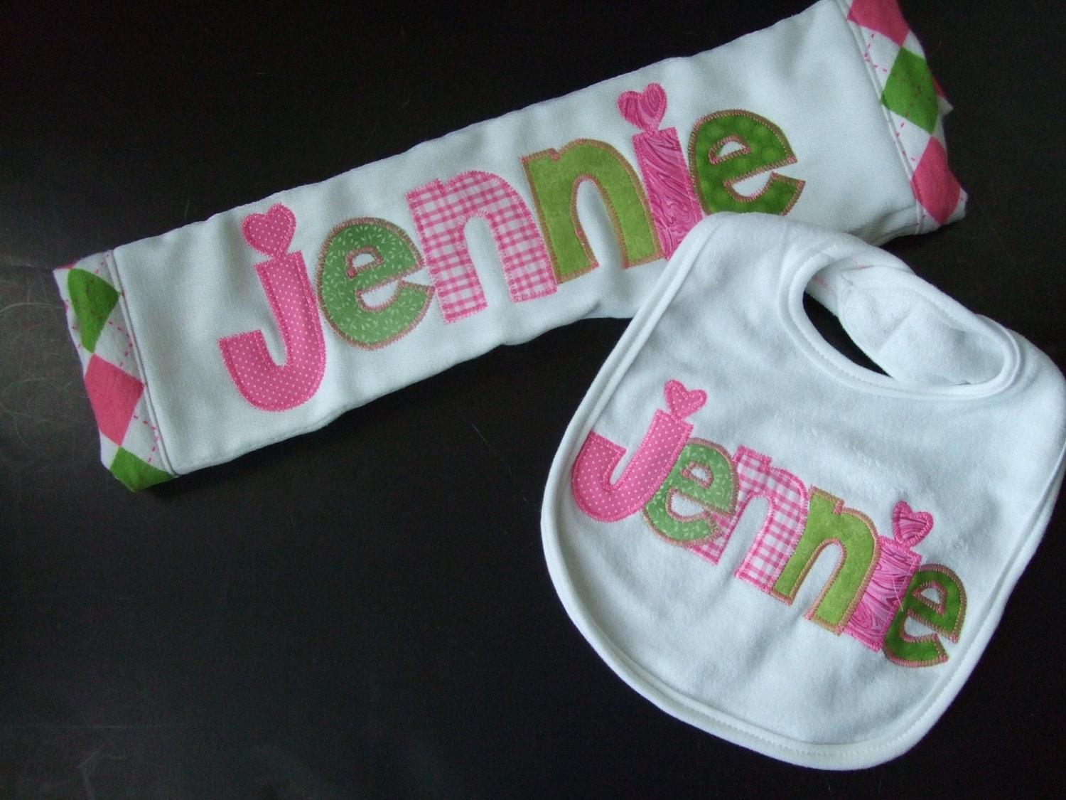 Personalized burp and bib gift set - appliqued in your choice of colors by Tried and True Designs on Etsy