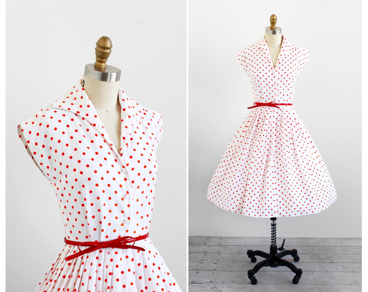 vintage 1950s dress / 50s dress / White and Orange Polka Dot Dress