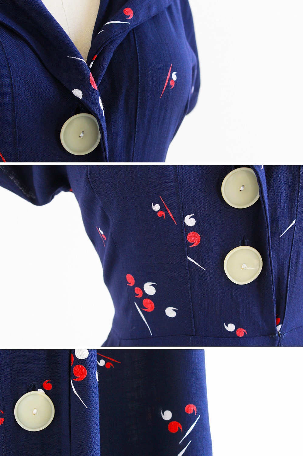 r e s e r v e d - vintage 1940s dress / 40s dress / Navy Blue, Red, and White Apostophe Novelty Print Swing Dress
