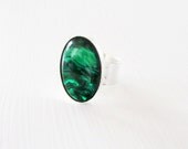 Emerald green paua shell and silver ring.  Large size. Wide band.