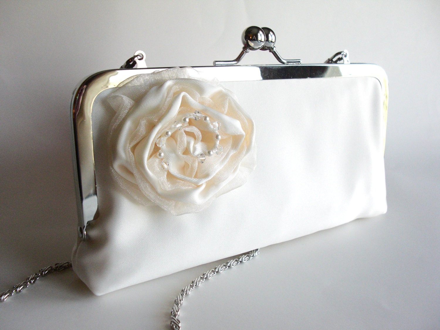 Wedding party, flower girl, accessories, Ivory Satin Flower Girl Purse with embellished flower