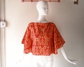 Batik print cotton butterfly top - hand made boat neck 1970s red print - 32 bust - summer fashion chic - size 2/4