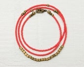 Minimal Seed Bead Necklace // Coral and Brass // Everyday