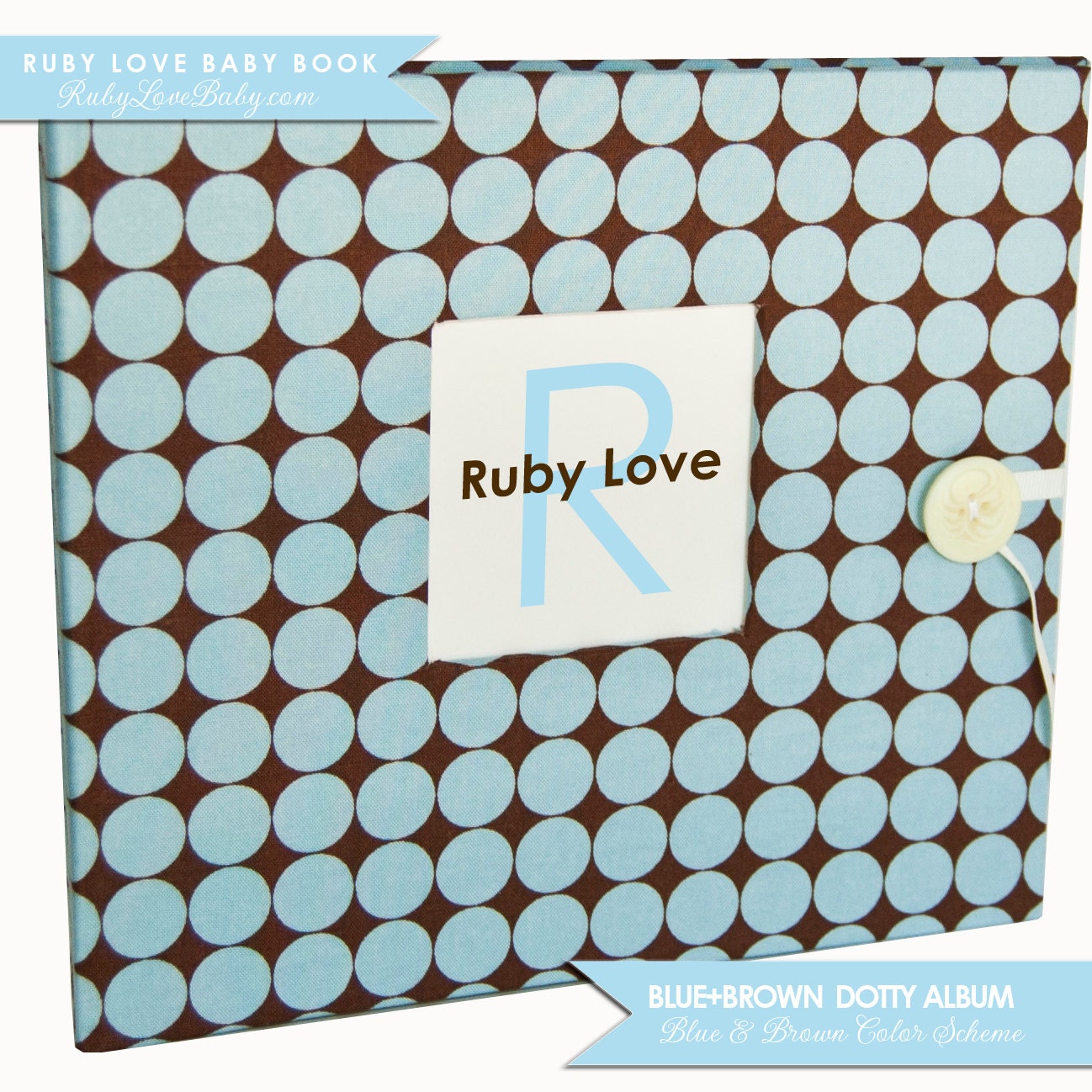 BOY Baby Memory Book . Blue and Brown Dotty Album . Ruby Love Modern Baby Memory Book and Calendar