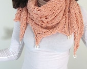 Orange Peach Hand Knit Triangle Wrap Shawl with Circle in Square Shell Beads