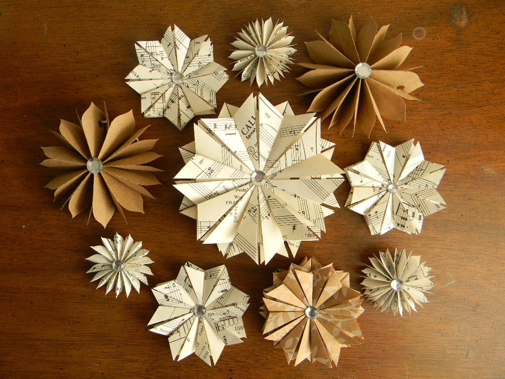 50 Paper Star Ornaments Vintage Book Pages Kraft Paper Handcut and Folded Rhinestone Center //MADE TO ORDER//