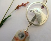 Sterling silver bird necklace or pendant - natural stone - crazy lace agate, purple amethyst -  statement jewelry