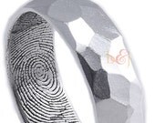 7mm Sterling Silver Hammered Surface wedding band with Fingerprint Wrapped Inside Fingerprint Ring Darkened Inside