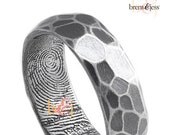 Custom fingerprint ring Hammer texture 7mm in Sterling Silver with Fingerprint Wrapped Inside, Darkened Outside and Inside