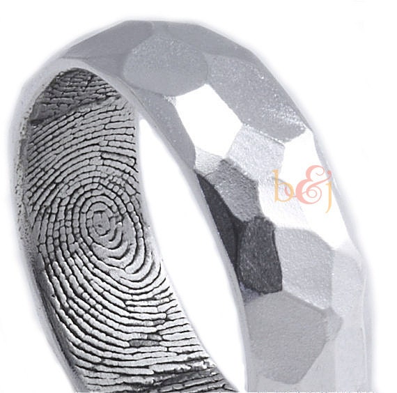 7mm Sterling Silver Hammered Surface wedding band with Fingerprint Wrapped Inside Fingerprint Ring Darkened Inside