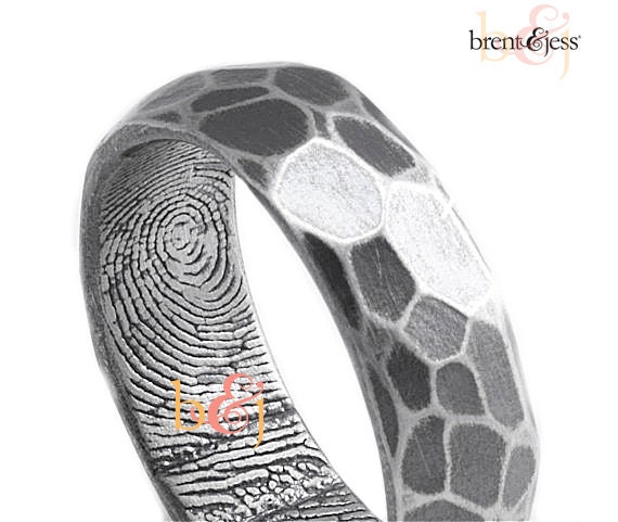 Custom fingerprint ring Hammer texture 7mm in Sterling Silver with Fingerprint Wrapped Inside, Darkened Outside and Inside