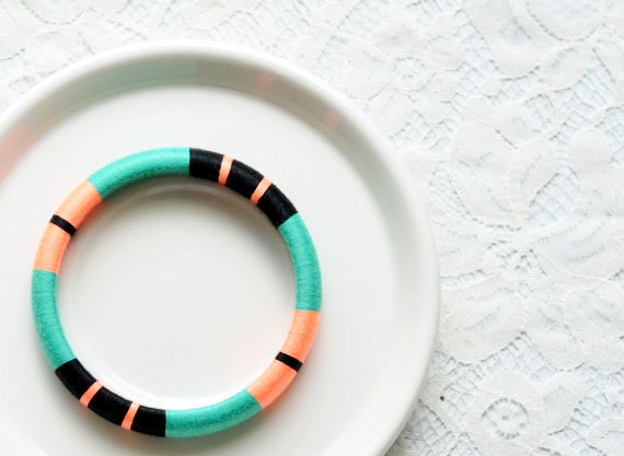 Green. Neon Orange. Black. Colorblock Thread Bangle Bracelet - no. 512A
