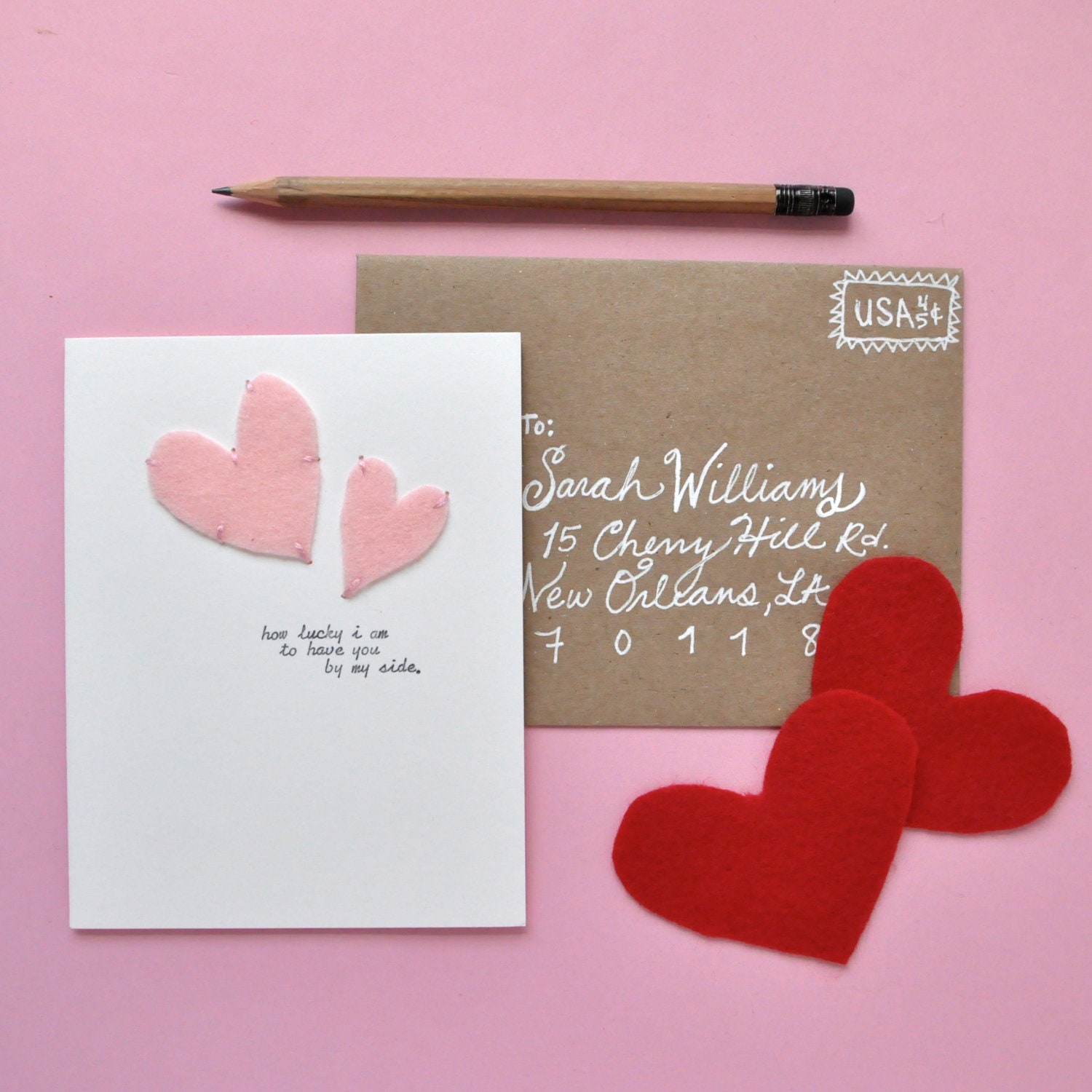 Anniversary Card - Pink Felt Heart Stitched Card - Handmade Card by megan jewel - i love you - valentine's day