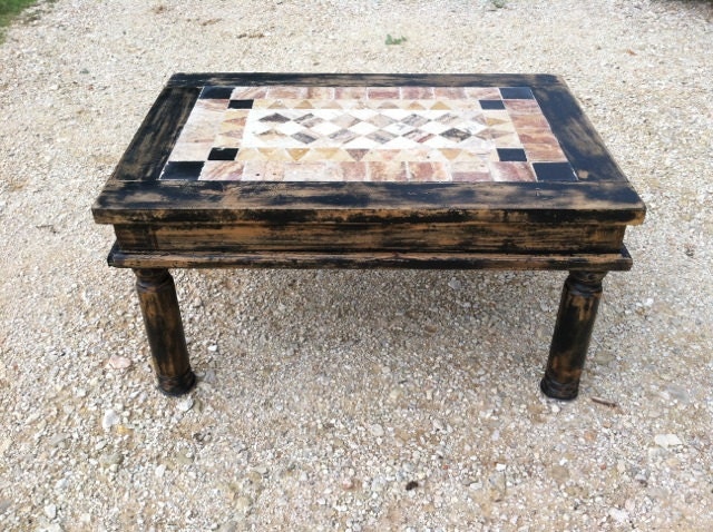 Upcycled - Rustic Country Farmhouse - Mexican Pine - Tile - Wooden Coffee Table - Ethnic Boho Chic