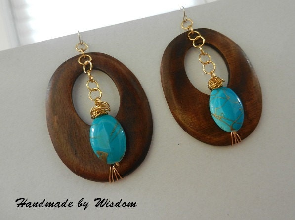 Wood Earrings with Gold Chain and Turquoise Beads