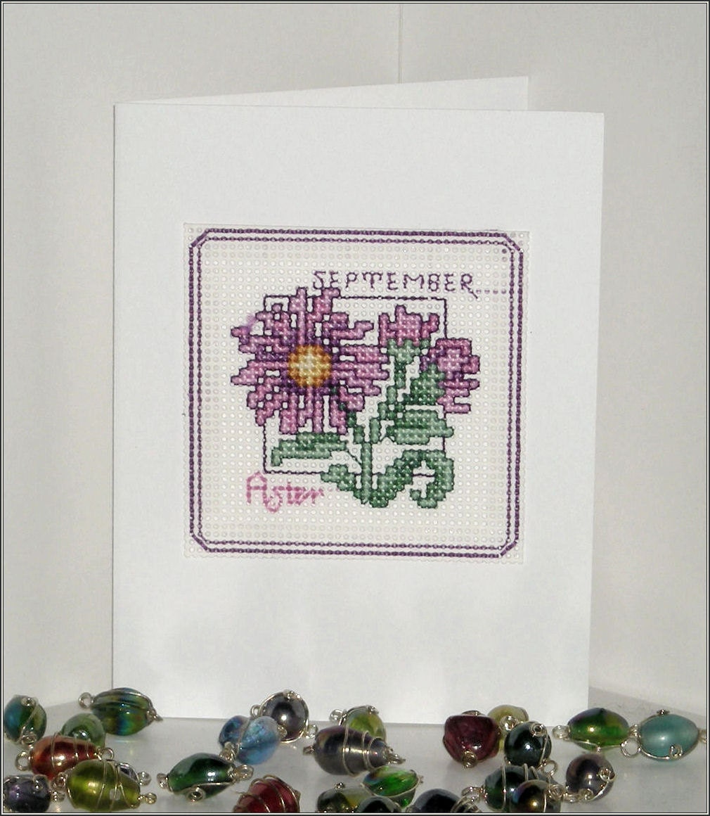 Aster/September - Aster September Flower of the Month Fall Autumn Lavender Handmade Cross-stitch card