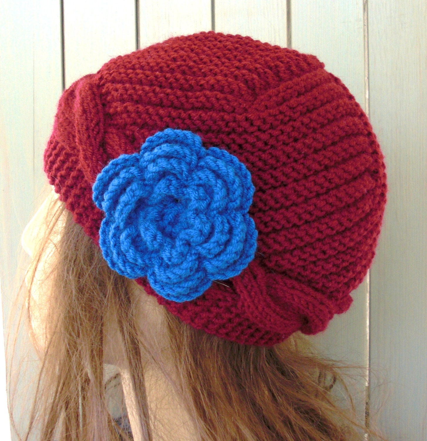 Hand Knit  hat-  Womens Hat Cable knit hat    Cloche  Wool hat   in Burgundy  with flower Fall autumn winter accessories Fashion women