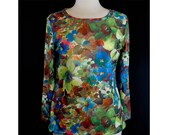 1980s Lucky Winner Blue Floral Long Sleeve Polyester Top Size 12