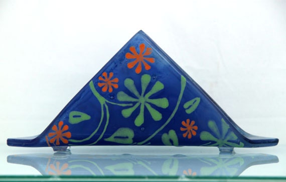 Fused glass napkin holder - art nouveau Flowers pattern On Violet blue background.