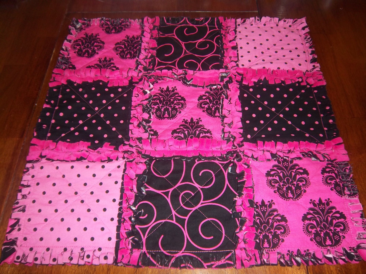 Hot Pink and Black Damask Security Blanket / Raggedy Quilt
