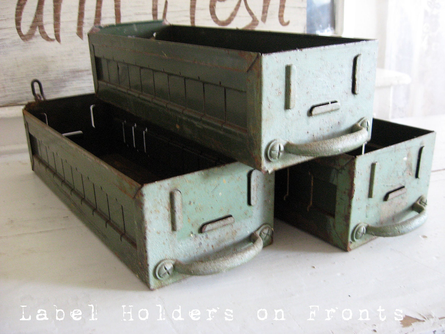 Vintage Metal Drawers - Great Displays - Old Tattered Green Paint - So Rustic - So Chic -