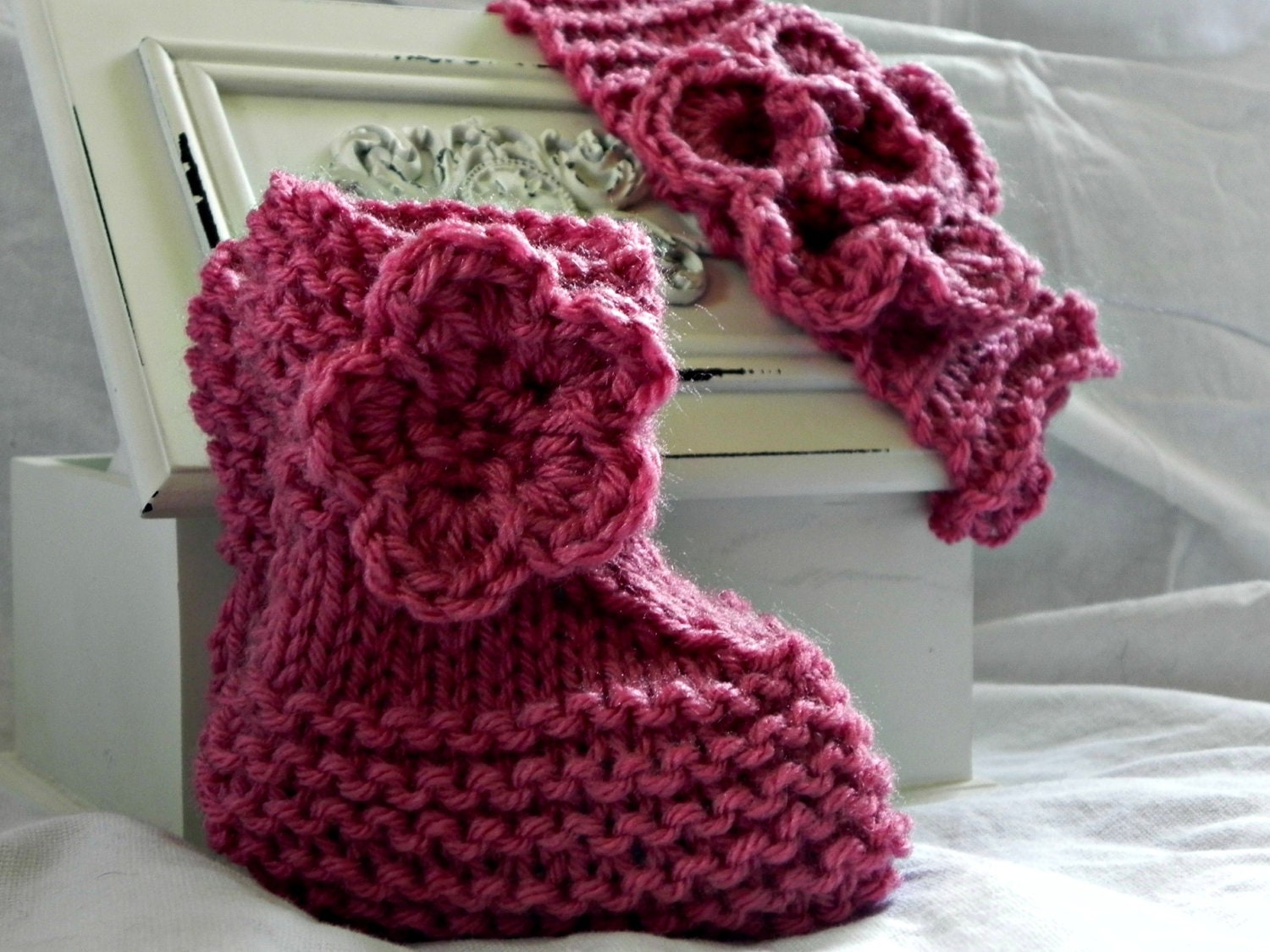 Reserved for Kerry-Custom Hand knit  Earwarmer/Headband with Crochet Flower with Matching Booties for Baby in Fuschia