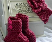 Hand knit  Earwarmer/Headband with Crochet Flower with Matching Booties for Baby in Antique Rose