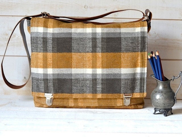 Waterproof Messenger bag in MUSTARD Honey Gold titanium Whitecap Gray plaid preppy upholstery HP Design Contest / Made to order