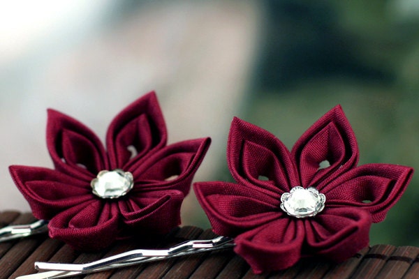 Bobby Pins:  Red Hair Flowers, Silk Kanzashi - Garnet Blossoms