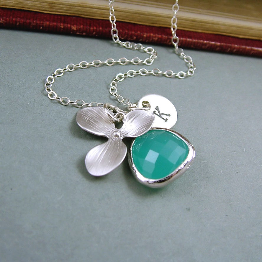 Orchid Necklace, Personalized with Aqua Glass Drop and Custom Initial Letter Necklace - 'Isobella' - Sterling Silver, Wedding Jewelry