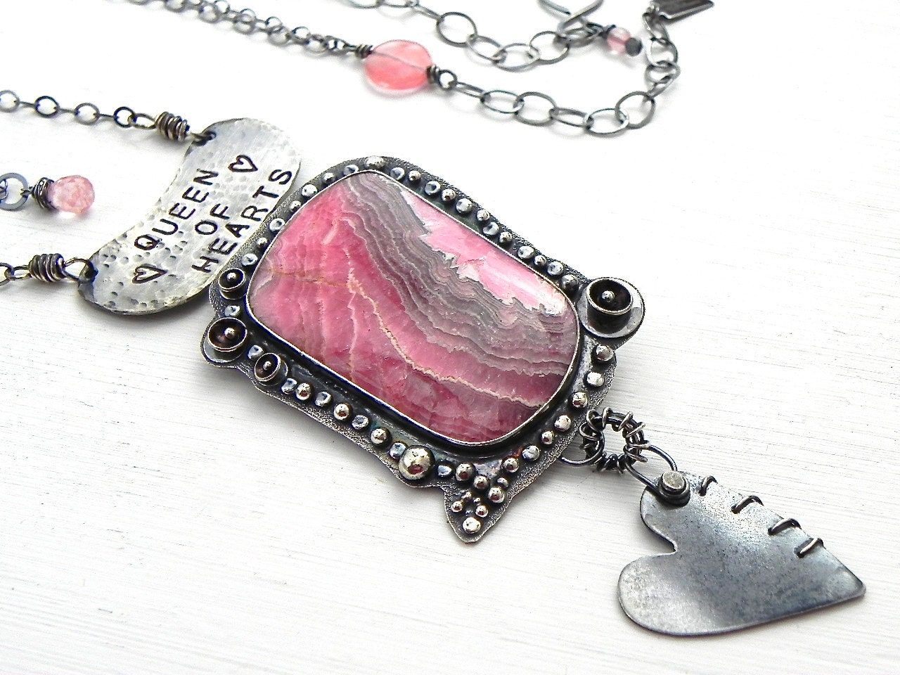 Queen of Hearts Rhodocrosite Talisman Sterling Handmade Jewelry Wild Prairie Silver