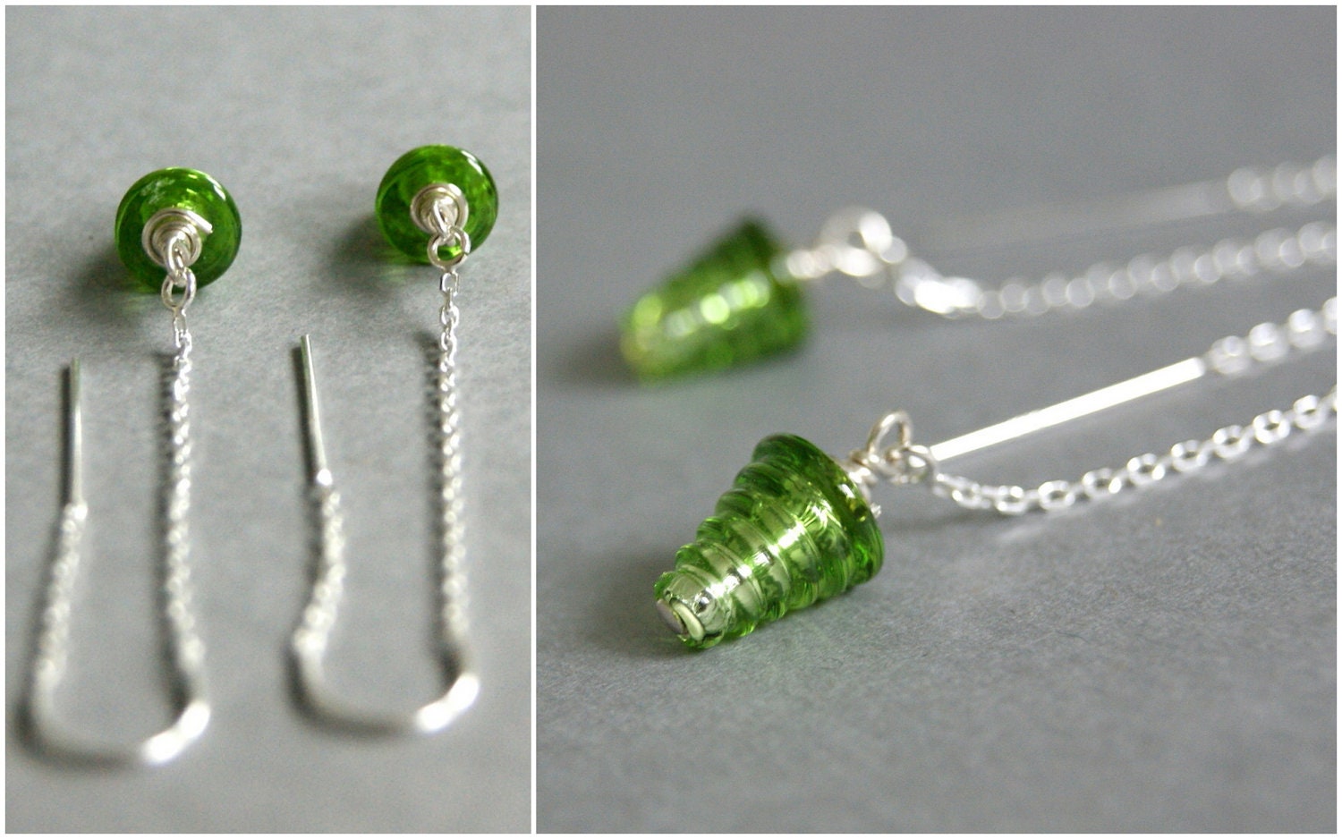 Long Emerald Green Cone Bead Earrings, Lampwork Glass - Sterling Silver U Top Cable Ear String