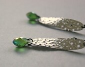 Long Matte Silver Board Connector with Crystal Green Drop Earrings