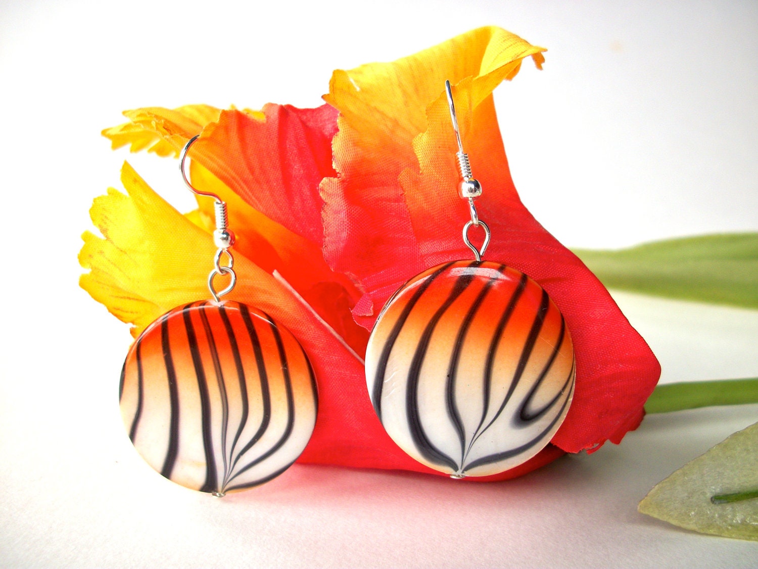 Tiger earrings, animal print jewelry round white orange and black tiger striped shell earrings, silver french hooks
