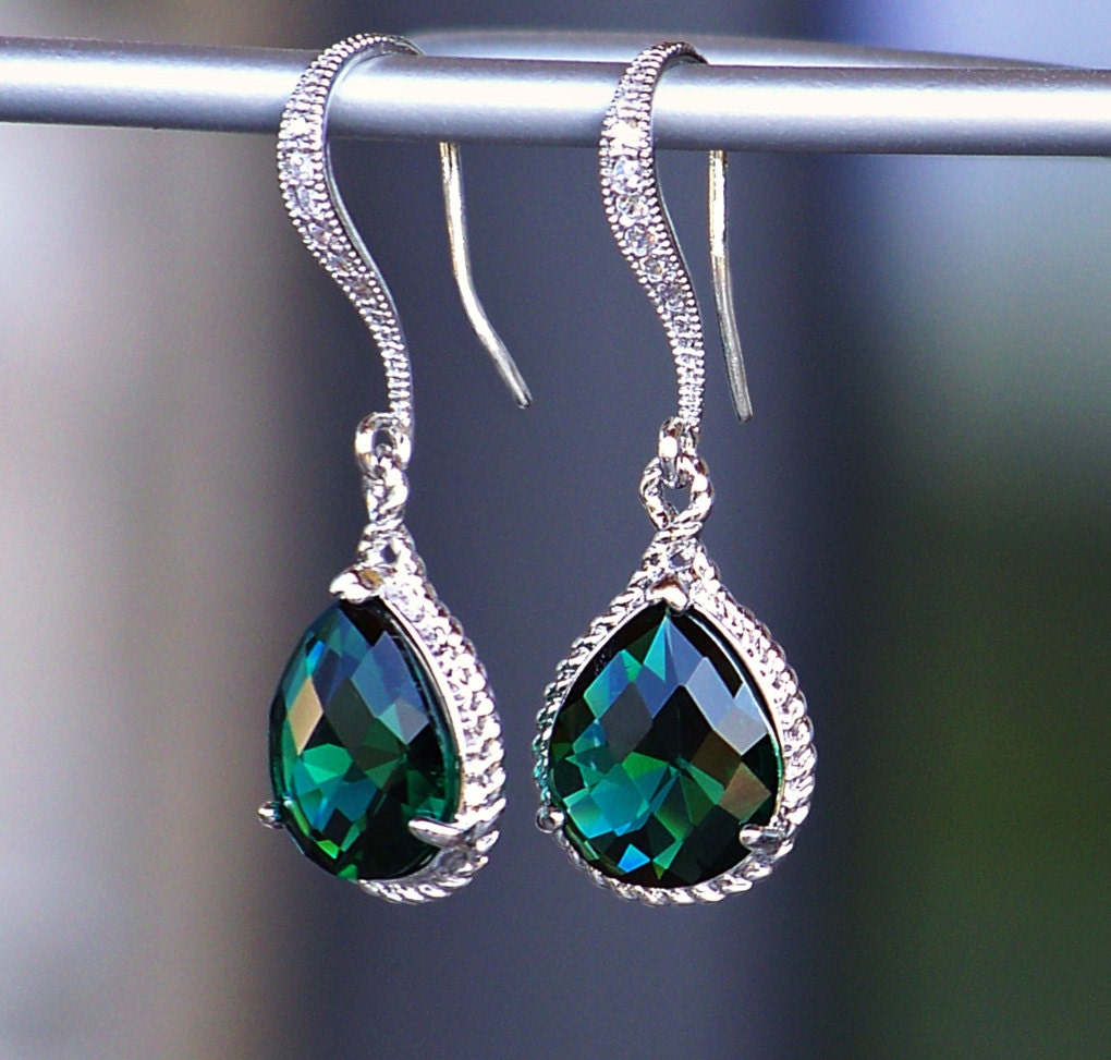 Emerald Green Crystal Teardrop Earrings in Silver
