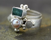 Rough Diamond and Pearl Engagement Band and Wedding Stacking  Ring with Rough Specimen Set- Custom Made Custom Colour