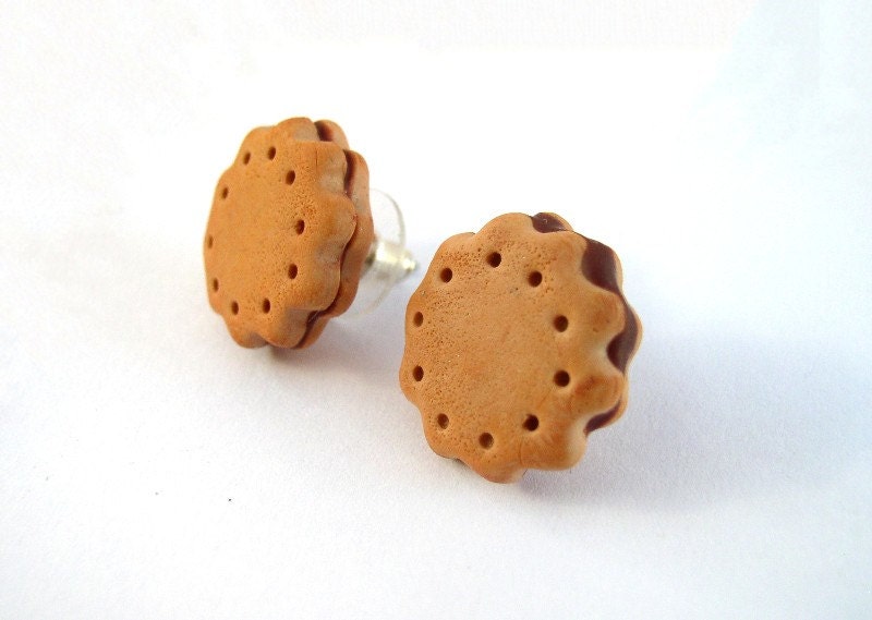 Bisciuts Chocolate  Cookie  Earring - Stud / Post Earrings - Miniature Polymer Clay Food